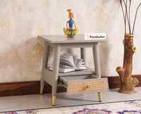 Boston solid wood rattan side table with one drawer - Bedside Table - Furniselan Cool-Grey