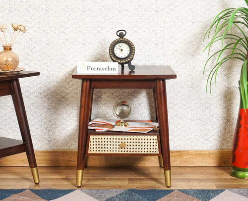 Boston solid wood rattan side table with one drawer Furniselan Grey-Finish