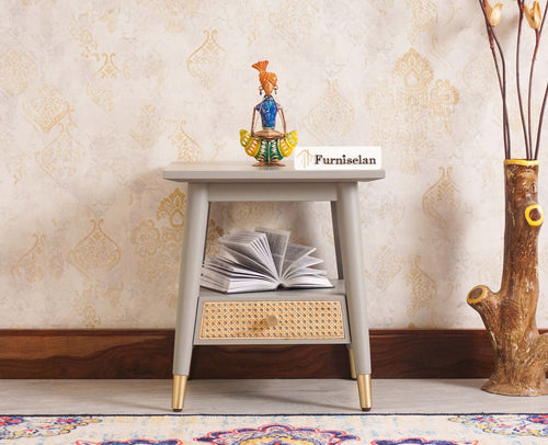 Boston solid wood rattan side table with one drawer - Bedside Table - Furniselan Cool-Grey