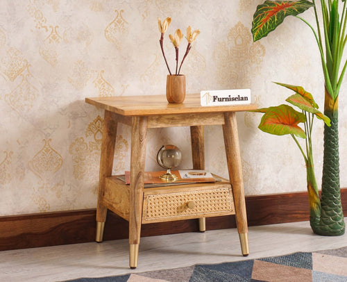 Boston solid wood rattan side table with one drawer - Bedside Table - Furniselan Natural-Finish