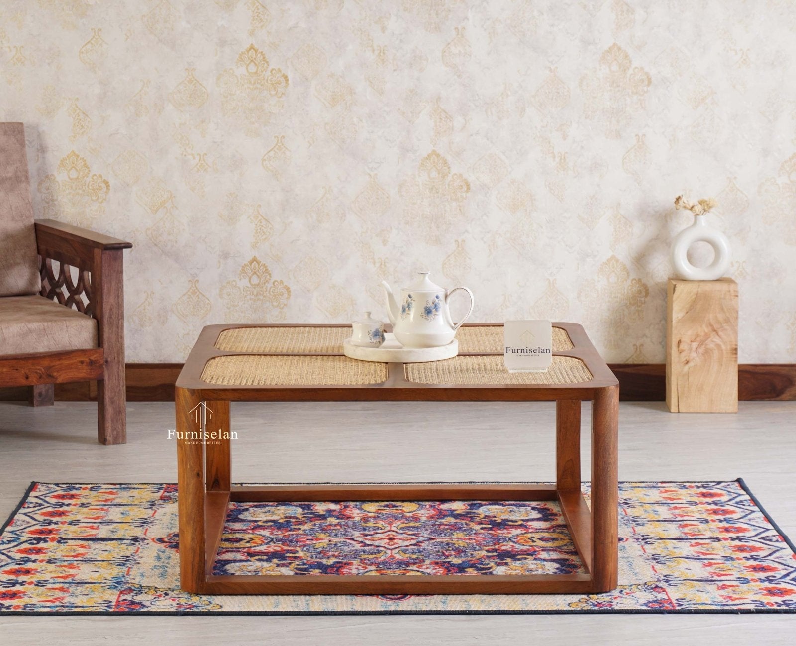 Boston Solid Wood Rattan Square Coffee Table
