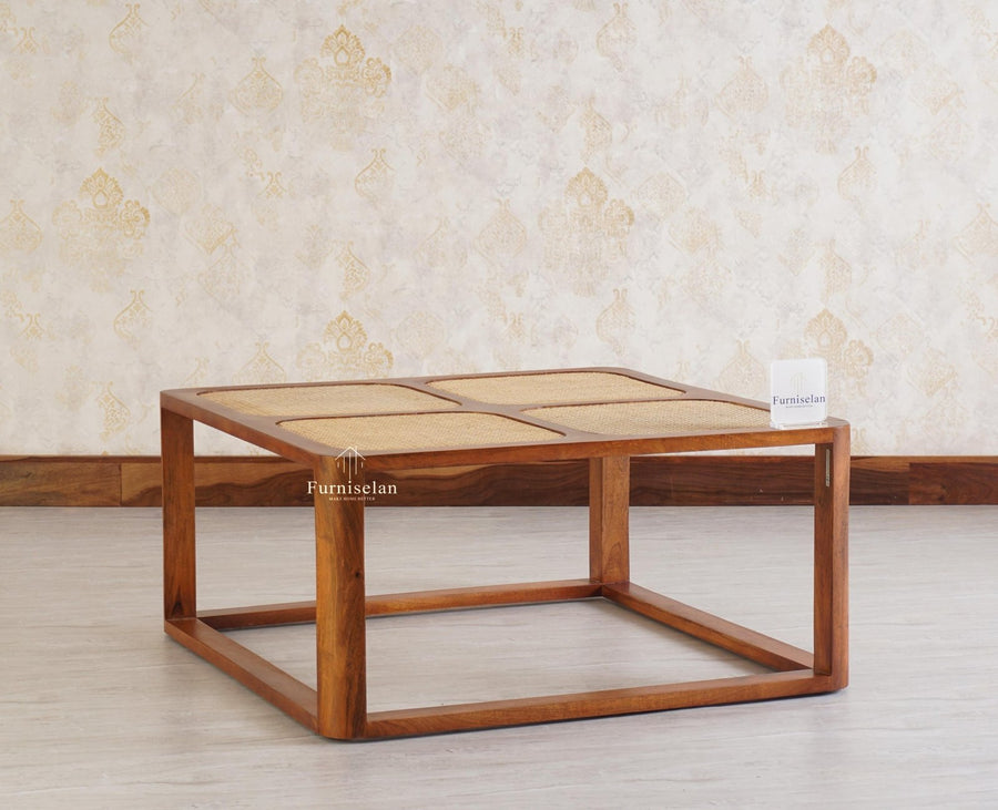 Boston Solid Wood Rattan Square Coffee Table - Coffee Table - Furniselan Brown-Finish