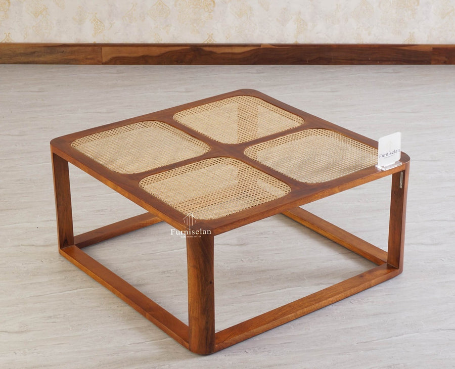 Boston Solid Wood Rattan Square Coffee Table - Coffee Table - Furniselan Brown-Finish