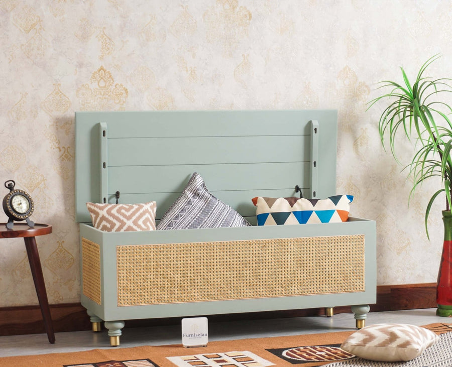 Boston Solid Wood Rattan Storage Trunk Box - Trunks & Cabinets - Furniselan Silt-Green