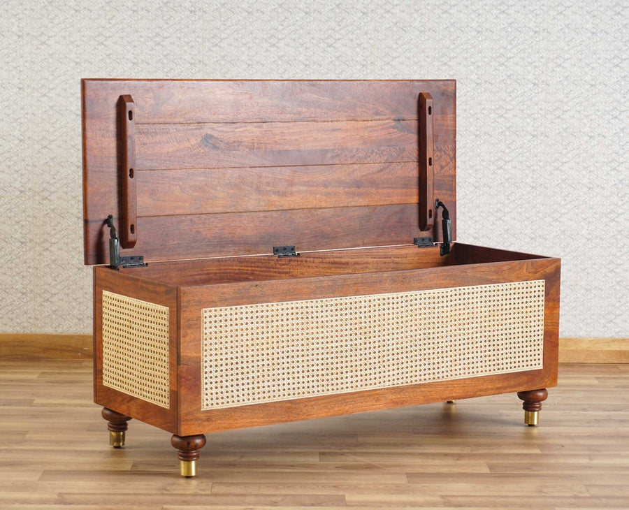 Boston Solid Wood Rattan Storage Trunk Box Furniselan Brown-Finish