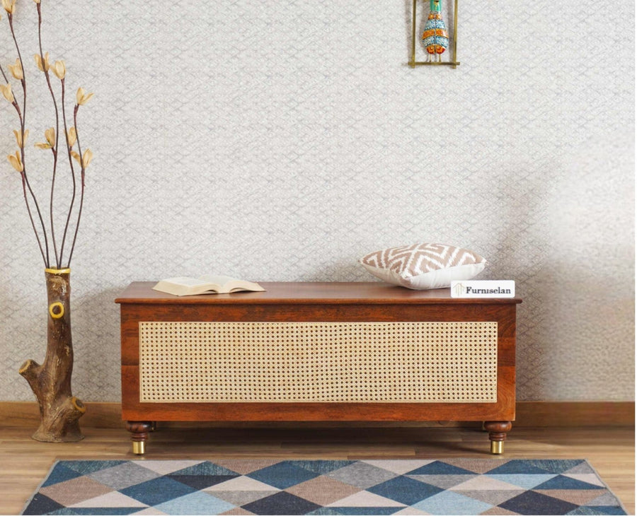 Boston Solid Wood Rattan Storage Trunk Box Furniselan Brown-Finish