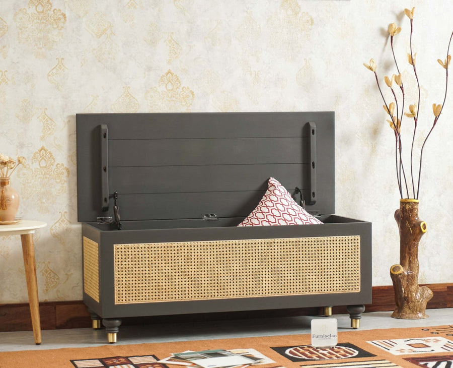 Boston Solid Wood Rattan Storage Trunk Box - Trunks & Cabinets - Furniselan Slate-Grey