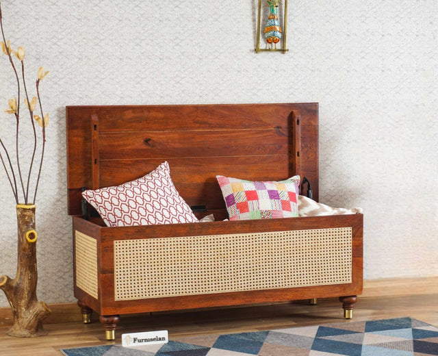 Boston Solid Wood Rattan Storage Trunk Box Furniselan Brown-Finish