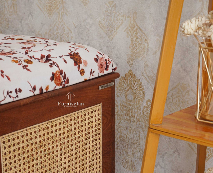 Boston Solid Wood Rattan Storage Trunk Box With Seating Cushion - Trunks & Cabinets - Furniselan Brown-Finish