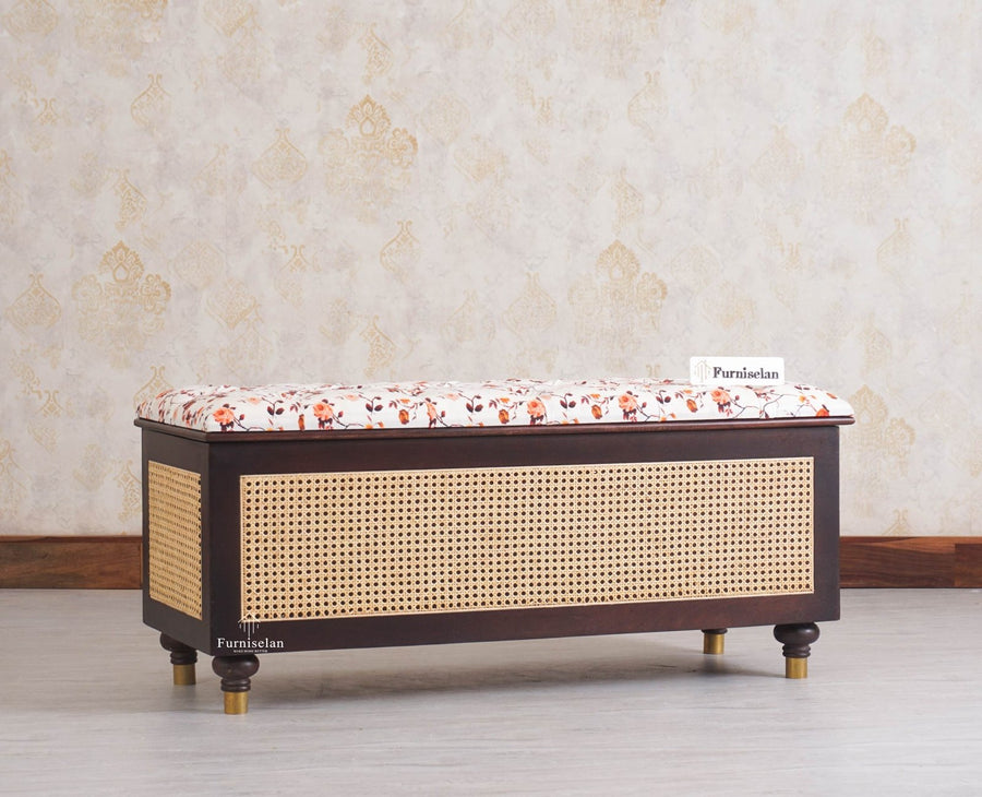 Boston Solid Wood Rattan Storage Trunk Box With Seating Cushion - Trunks & Cabinets - Furniselan - Grey Finish
