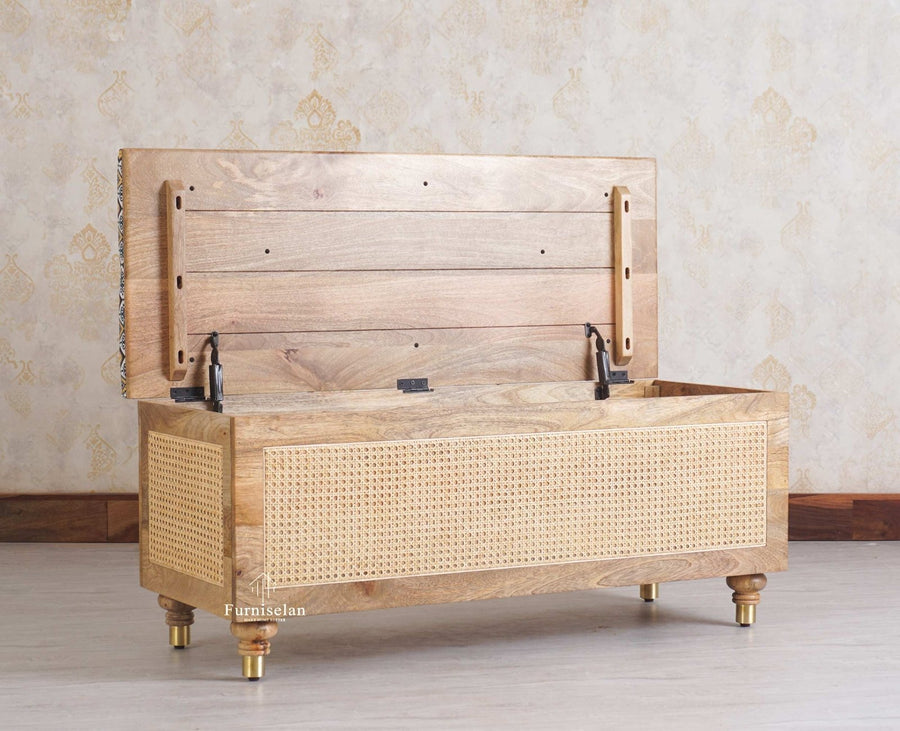 Boston Solid Wood Rattan Storage Trunk Box With Seating Cushion - Trunks & Cabinets - Furniselan - Natural Finish