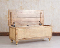Boston Solid Wood Rattan Storage Trunk Box With Seating Cushion - Trunks & Cabinets - Furniselan - Natural Finish