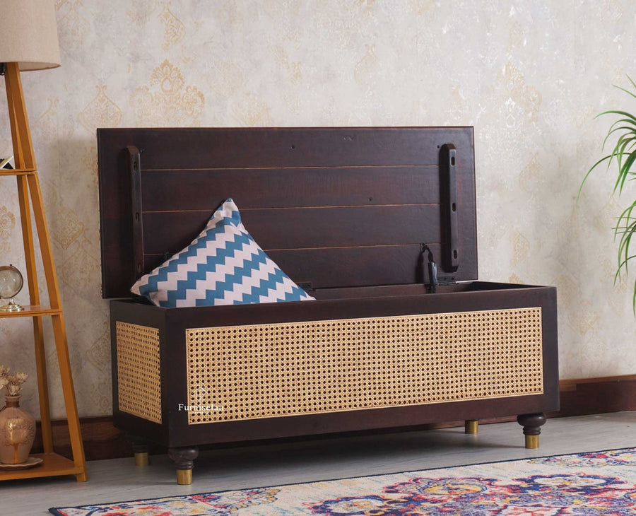 Boston Solid Wood Rattan Storage Trunk Box With Seating Cushion - Trunks & Cabinets - Furniselan - Grey Finish
