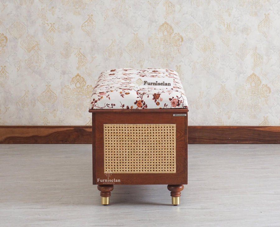 Boston Solid Wood Rattan Storage Trunk Box With Seating Cushion - Trunks & Cabinets - Furniselan Brown-Finish