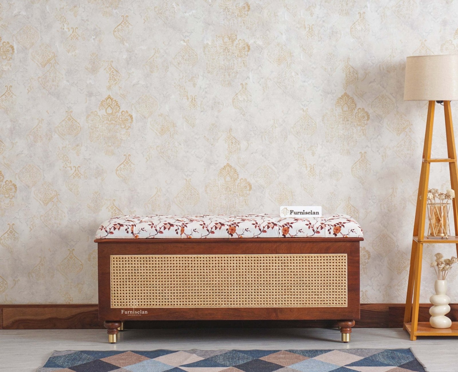 Boston Solid Wood Rattan Storage Trunk Box With Seating Cushion - Trunks & Cabinets - Furniselan Brown-Finish