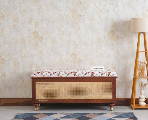 Boston Solid Wood Rattan Storage Trunk Box With Seating Cushion