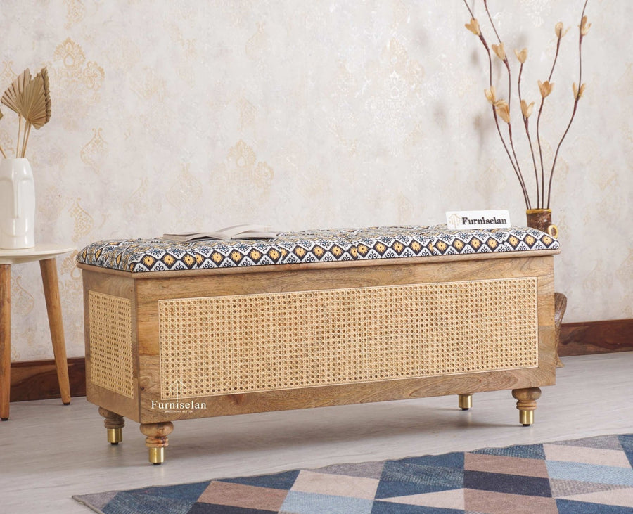 Boston Solid Wood Rattan Storage Trunk Box With Seating Cushion - Trunks & Cabinets - Furniselan - Natural Finish