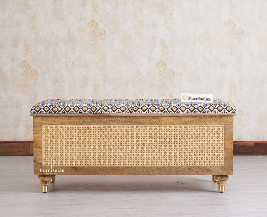Boston Solid Wood Rattan Storage Trunk Box With Seating Cushion - Trunks & Cabinets - Furniselan - Natural Finish