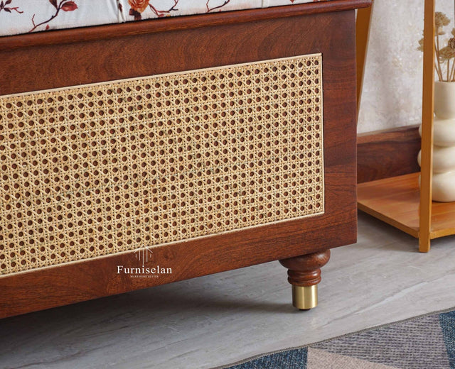 Boston Solid Wood Rattan Storage Trunk Box With Seating Cushion - Trunks & Cabinets - Furniselan Brown-Finish