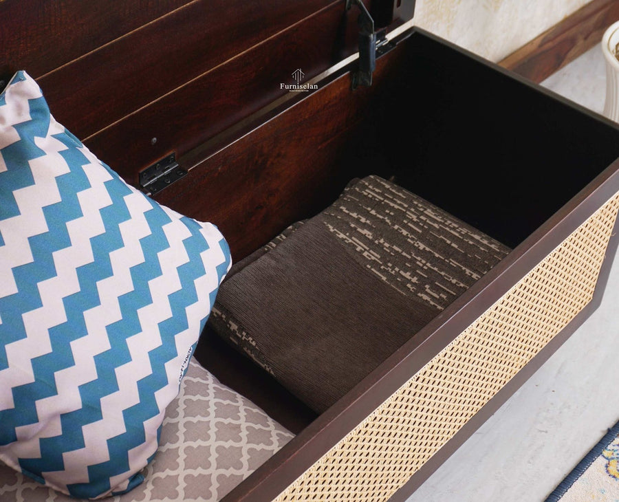 Boston Solid Wood Rattan Storage Trunk Box With Seating Cushion - Trunks & Cabinets - Furniselan - Grey Finish
