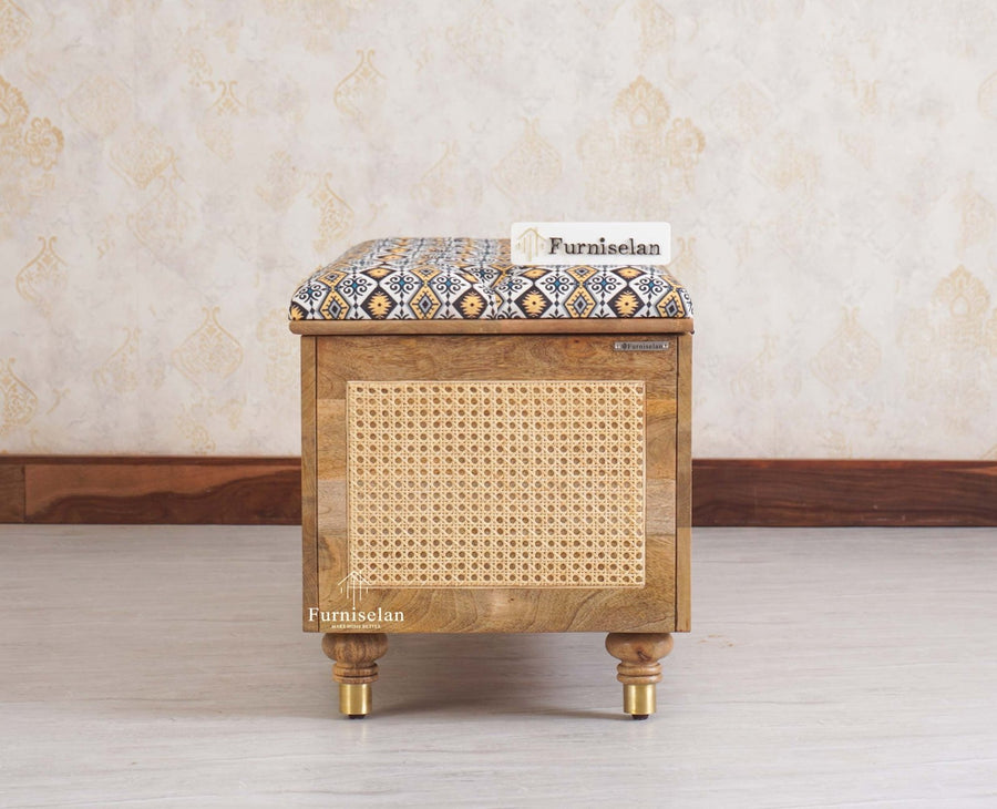 Boston Solid Wood Rattan Storage Trunk Box With Seating Cushion - Trunks & Cabinets - Furniselan - Natural Finish