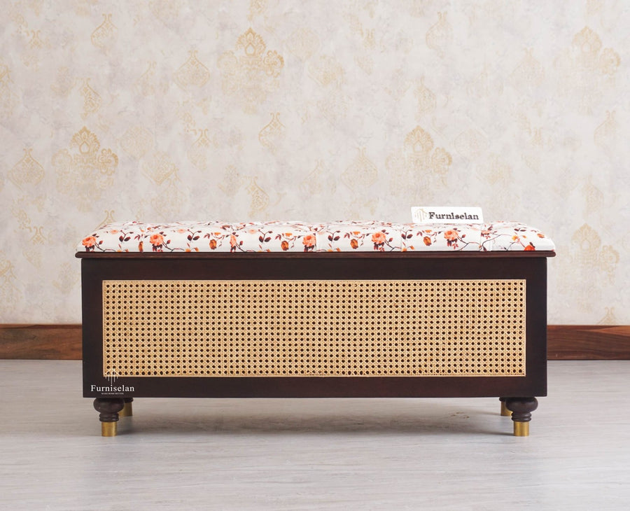 Boston Solid Wood Rattan Storage Trunk Box With Seating Cushion - Trunks & Cabinets - Furniselan - Grey Finish
