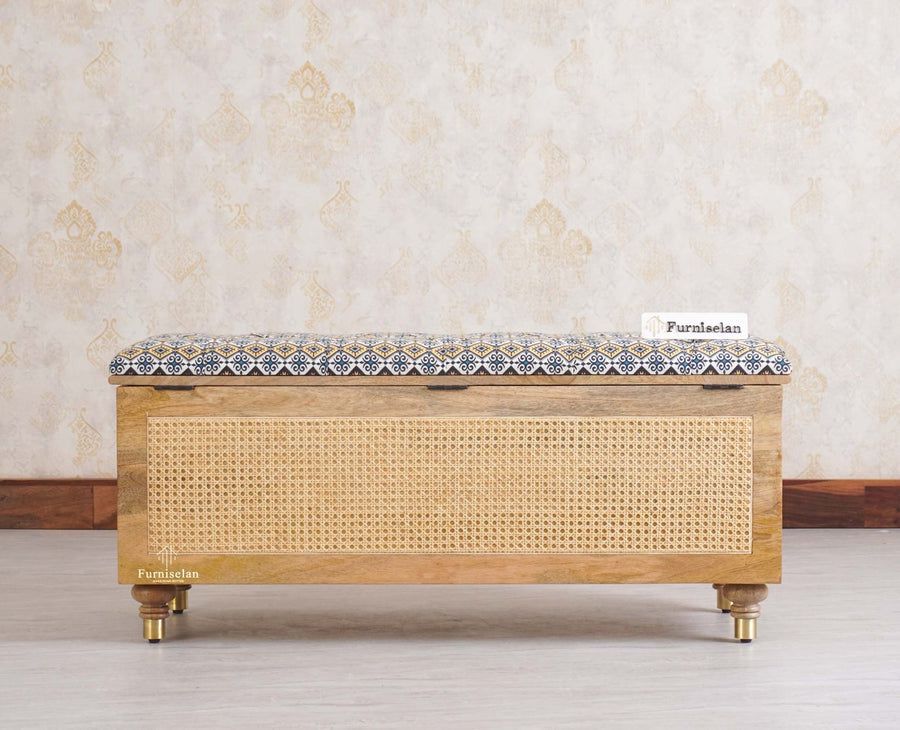 Boston Solid Wood Rattan Storage Trunk Box With Seating Cushion - Trunks & Cabinets - Furniselan - Natural Finish