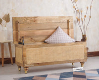 Boston Solid Wood Rattan Storage Trunk Box With Seating Cushion - Trunks & Cabinets - Furniselan - Natural Finish