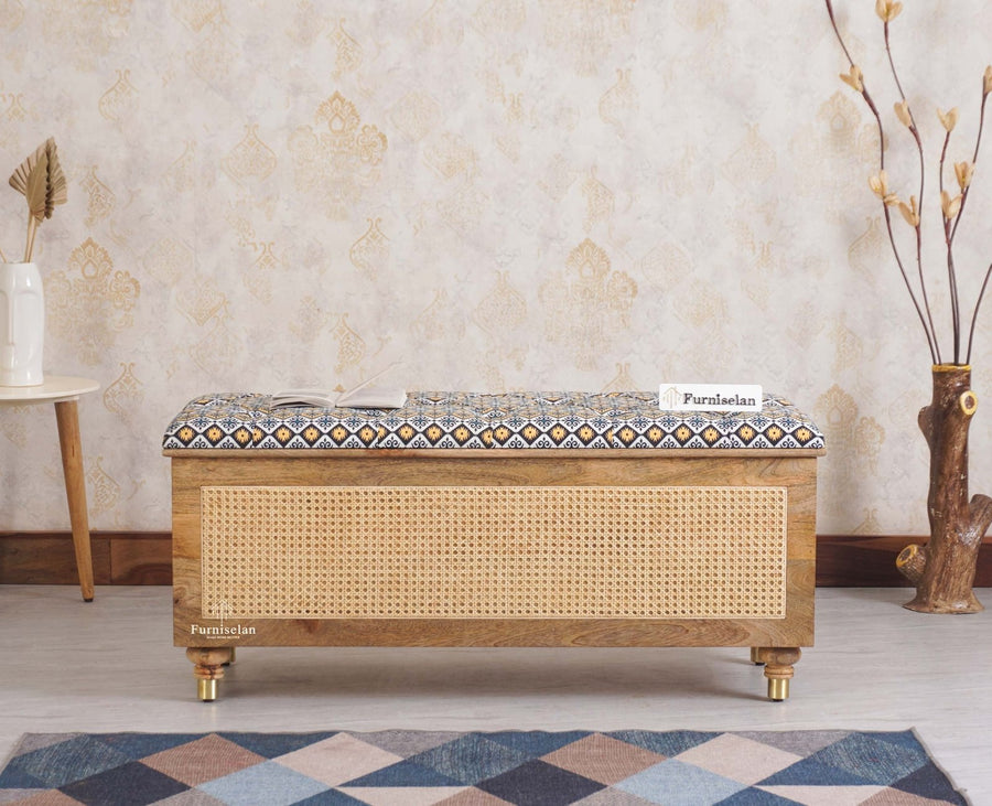 Boston Solid Wood Rattan Storage Trunk Box With Seating Cushion - Trunks & Cabinets - Furniselan - Natural Finish