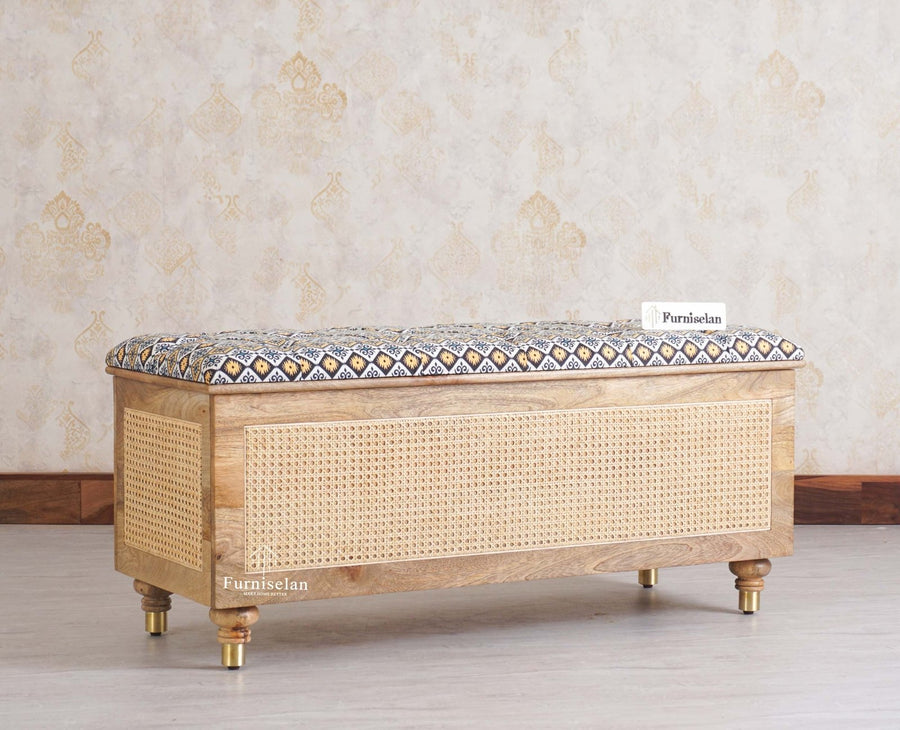 Boston Solid Wood Rattan Storage Trunk Box With Seating Cushion - Trunks & Cabinets - Furniselan - Natural Finish
