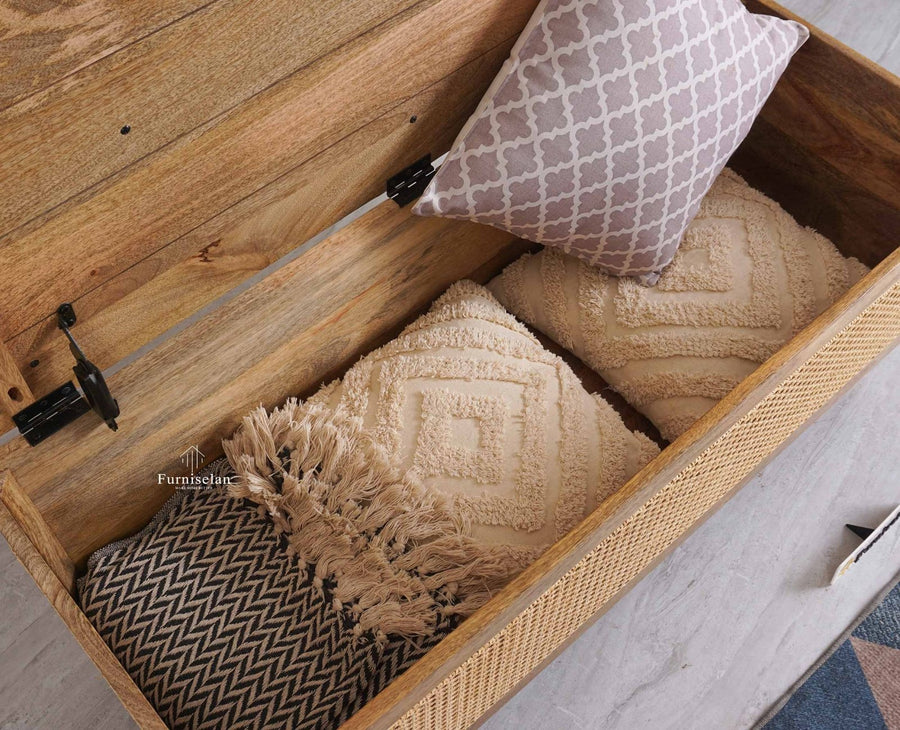 Boston Solid Wood Rattan Storage Trunk Box With Seating Cushion - Trunks & Cabinets - Furniselan - Natural Finish