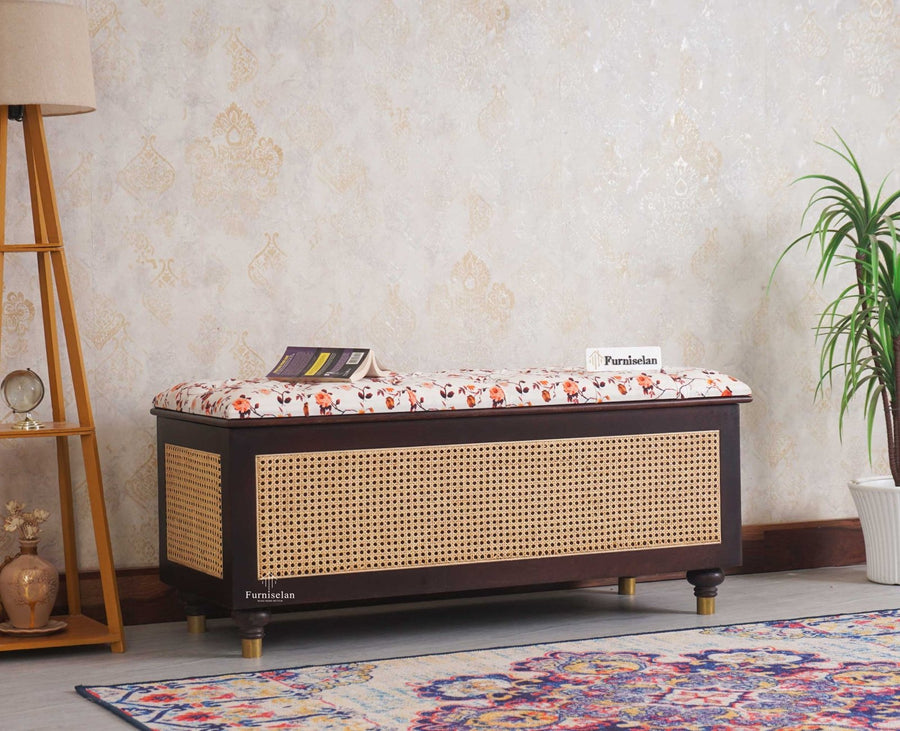 Boston Solid Wood Rattan Storage Trunk Box With Seating Cushion - Trunks & Cabinets - Furniselan - Grey Finish
