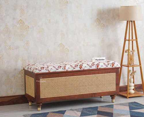 Boston Solid Wood Rattan Storage Trunk Box With Seating Cushion