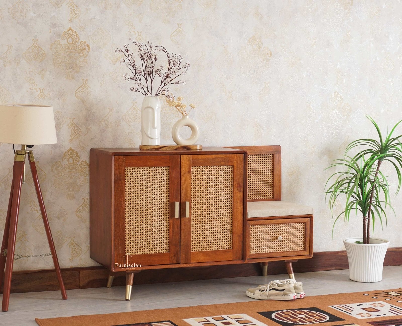 Boston Solid Wood Shoe Rack Cabinet With Seating Cushion - Sideboard - Furniselan Brown-Finish