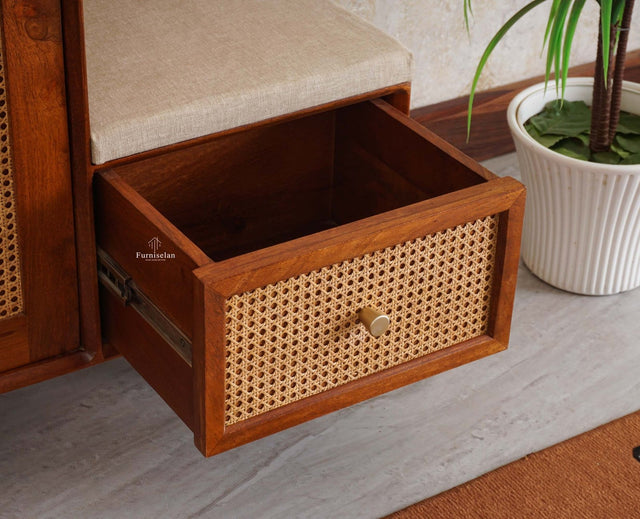 Boston Solid Wood Shoe Rack Cabinet With Seating Cushion - Sideboard - Furniselan Brown-Finish