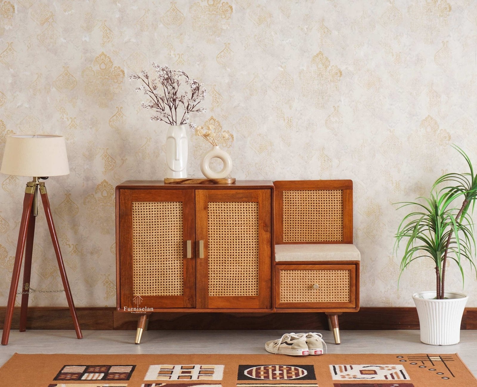 Boston Solid Wood Shoe Rack Cabinet With Seating Cushion - Sideboard - Furniselan Brown-Finish