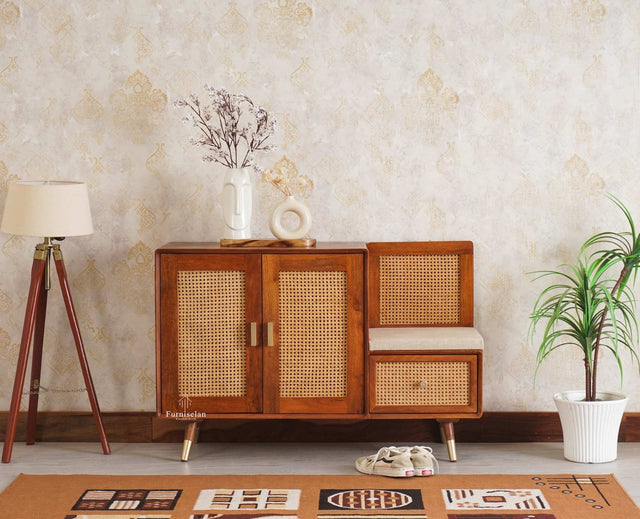 Boston Solid Wood Shoe Rack Cabinet With Seating Cushion - Sideboard - Furniselan Brown-Finish