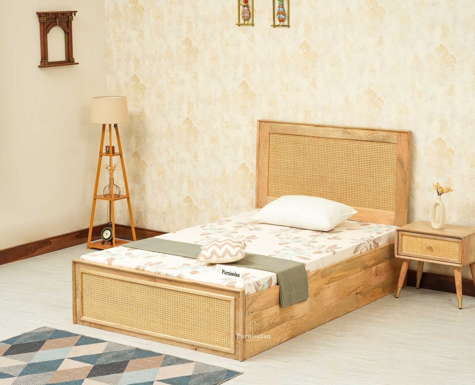 Boston Solid Wood Single Size Storage Bed for Home, Hotels and PG Natural Finish