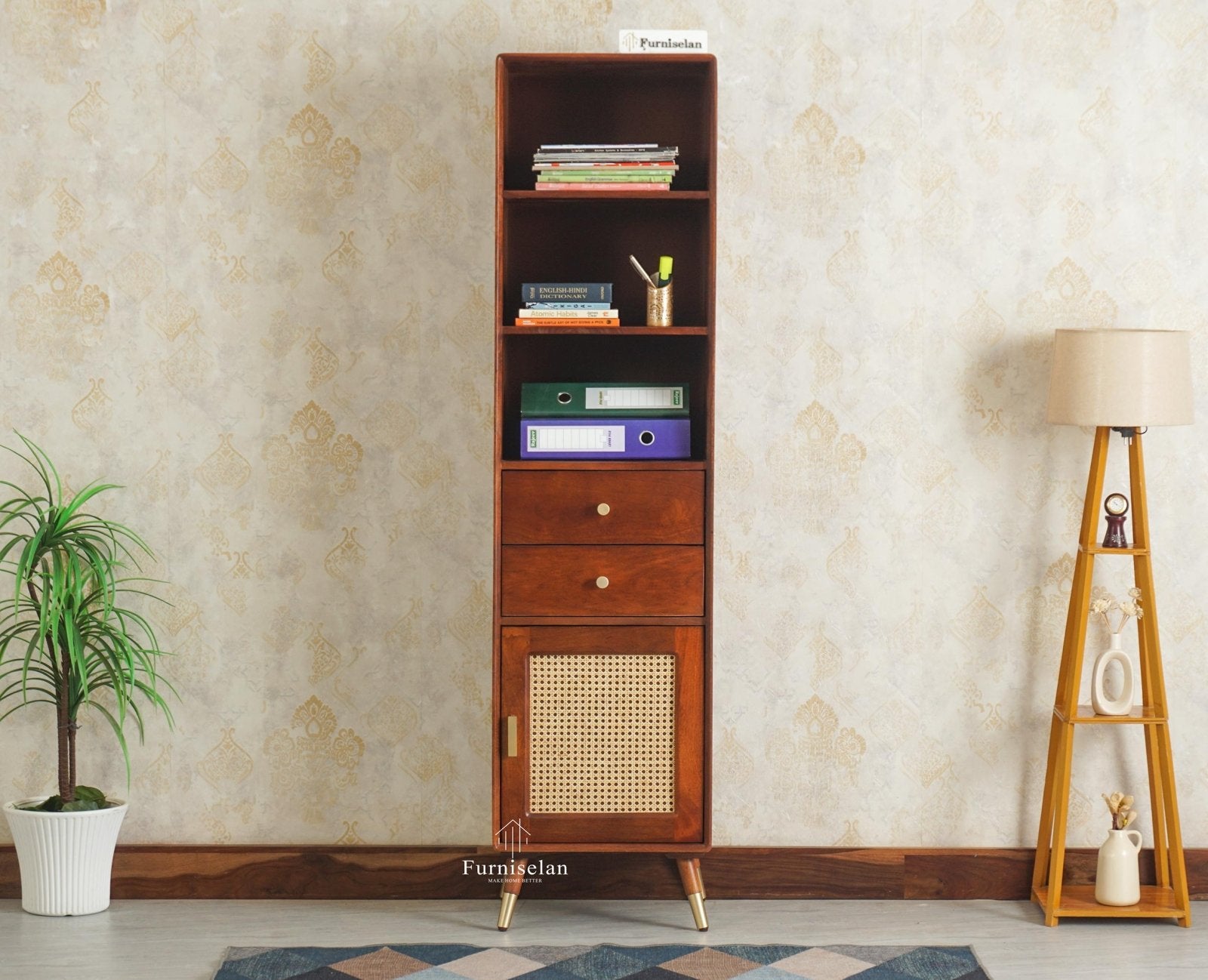 Boston Solid Wood Tall Bookshelf Unit File Rack Furniselan Brown Finish