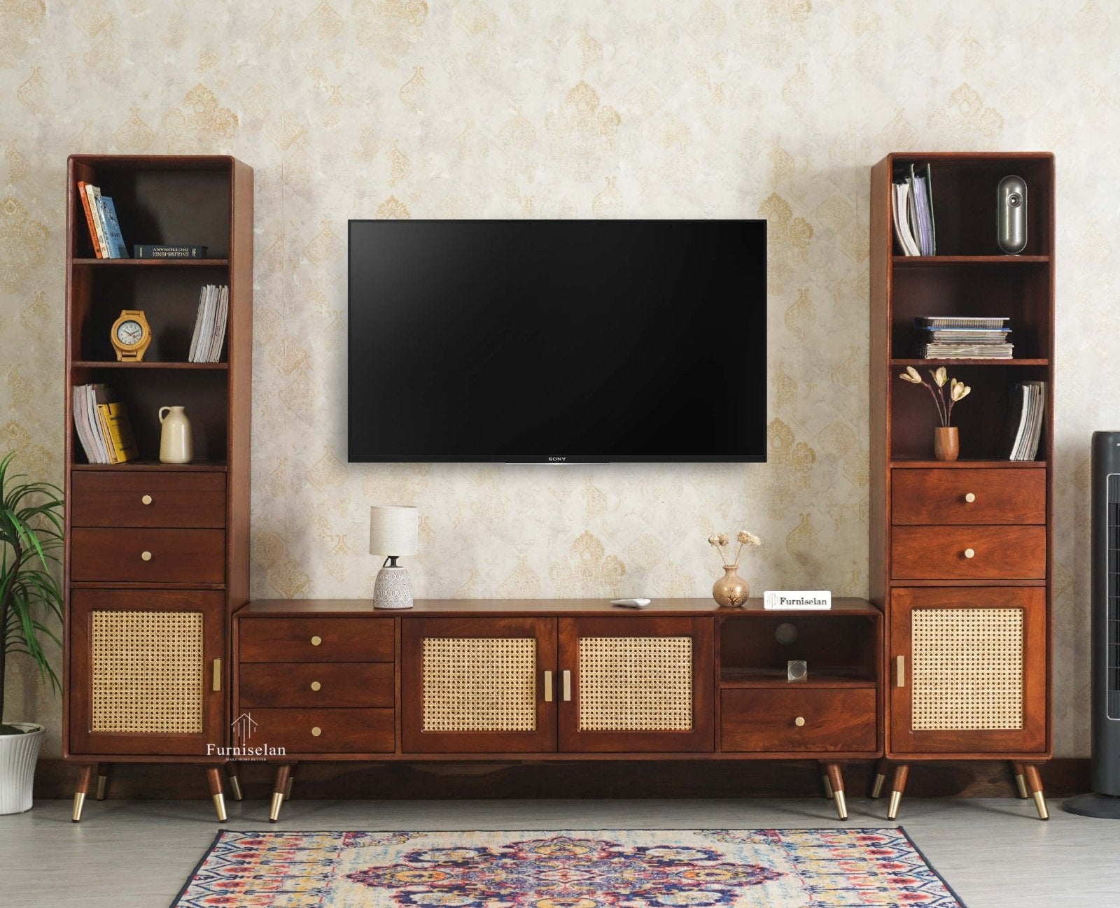 Boston Solid Wood Tv Entertainment Unit Set Of Three Furniselan Brown Finish
