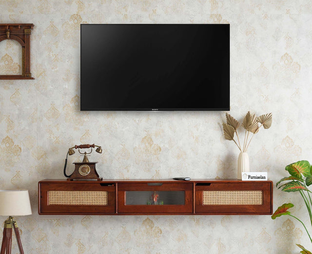 Boston Wooden Large Wall Mounted TV Unit Cabinet Three Door Brown Finish