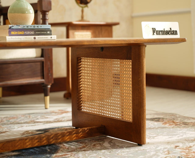 Boston Solid Wood Rattan Cane Bar Cabinet with Glass Holder Storage - Bar Cabinet - Furniselan Teak-Finish