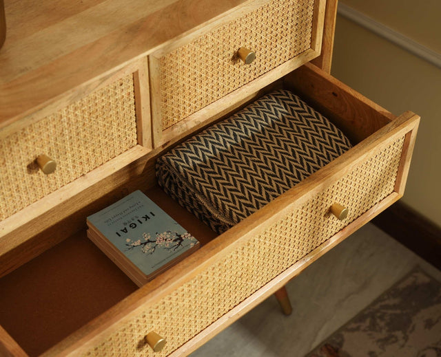 Boston Wooden Rattan Cane Chest of Drawer Five Drawer Cabinet Natural Finish