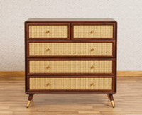 Boston Wooden Rattan Cane Chest of Drawer Five Drawer Cabinet Grey Finish