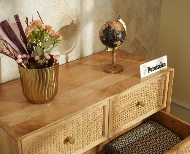 Boston Wooden Rattan Cane Chest of Drawer Five Drawer Cabinet Natural Finish