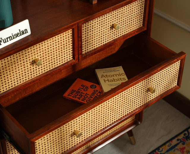 Boston Wooden Rattan Cane Chest of Drawer Five Drawer Cabinet Brown Finish