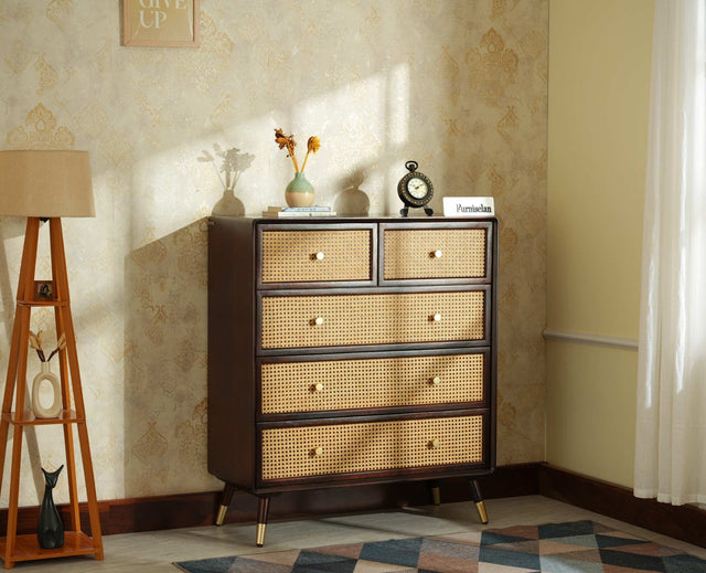 Boston Wooden Rattan Cane Chest of Drawer Five Drawer Cabinet Grey Finish