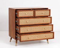 Boston Wooden Rattan Cane Chest of Drawer Five Drawer Cabinet Brown Finish