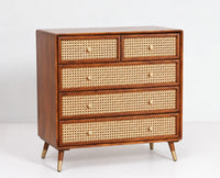 Boston Wooden Rattan Cane Chest of Drawer Five Drawer Cabinet Brown Finish