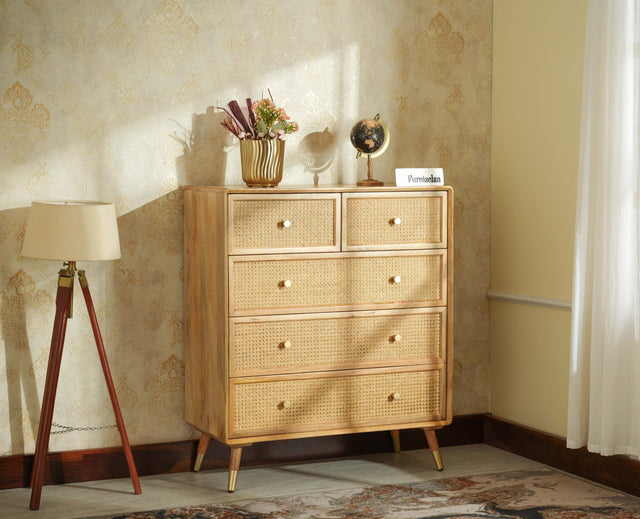 Boston Wooden Rattan Cane Chest of Drawer Five Drawer Cabinet Natural Finish